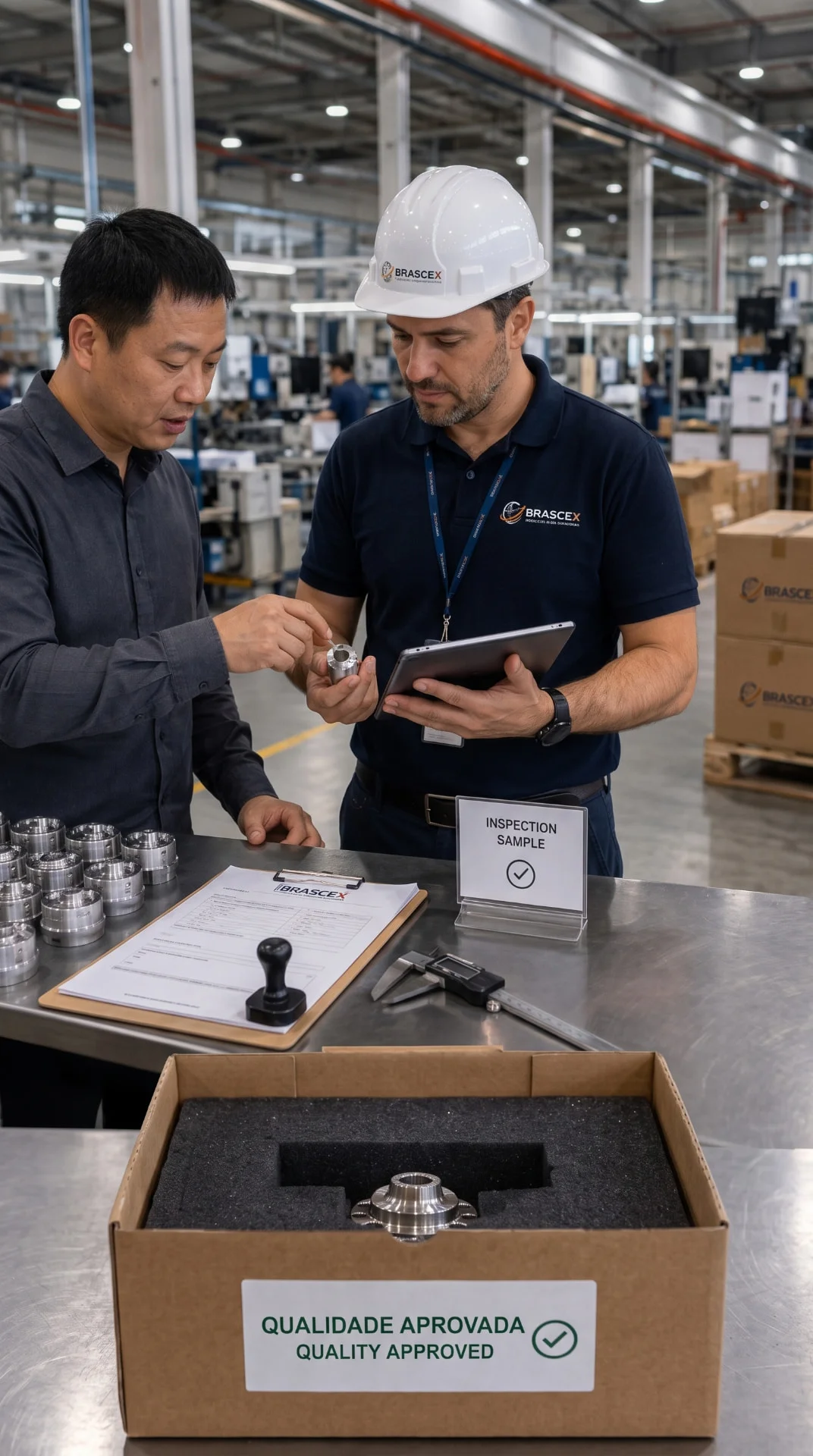 Equipe Brascex inspecionando peças na fábrica de origem